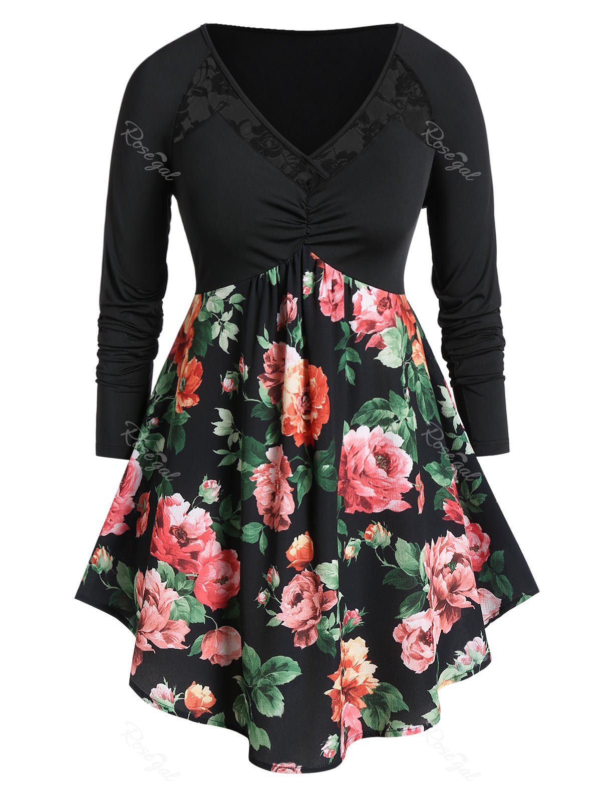 

Plus Size Long Sleeve Floral Print Lace Insert T Shirt, Black