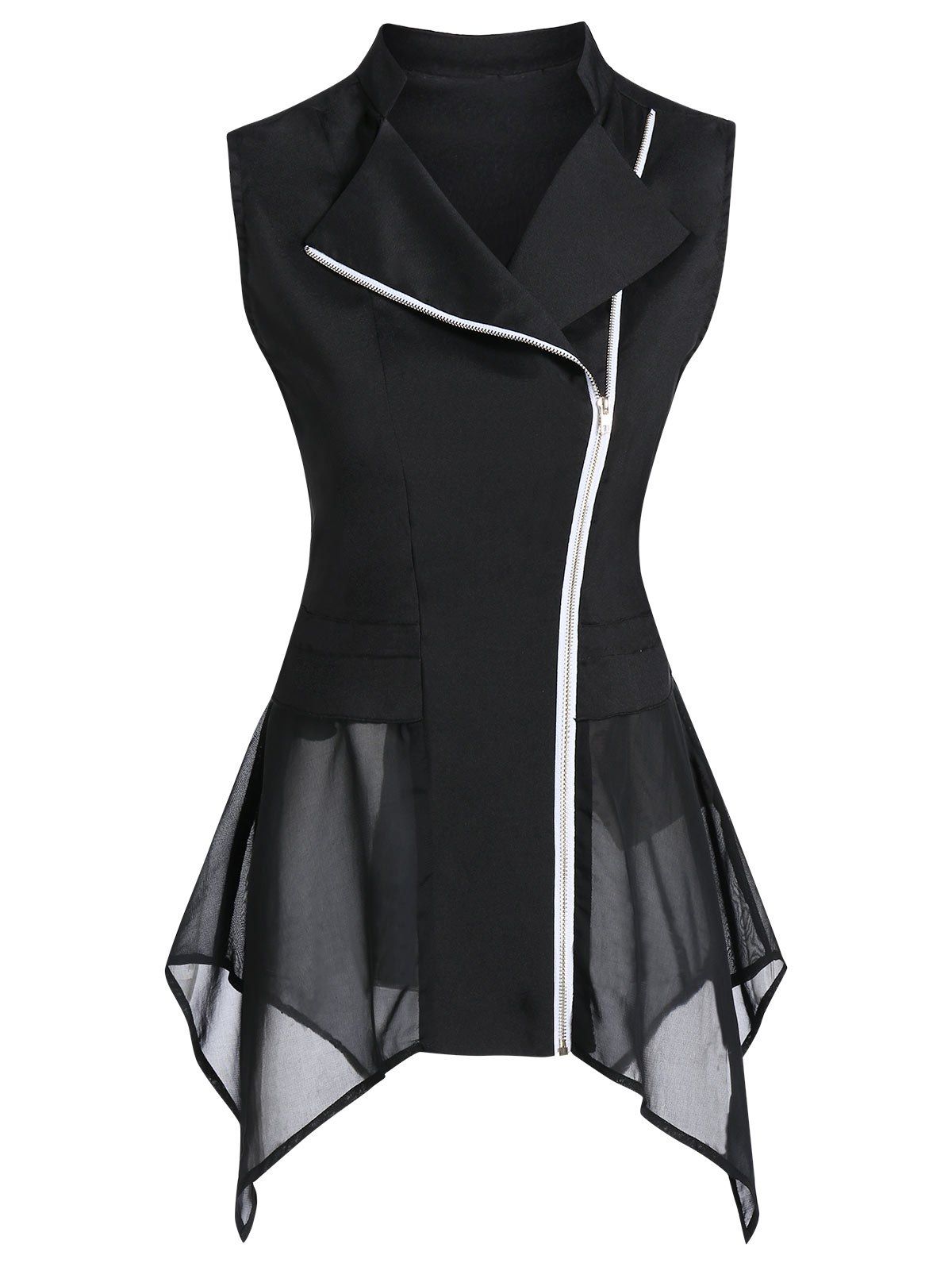 

Asymmetric Zip Up Tie Back Chiffon Insert Vest, Black