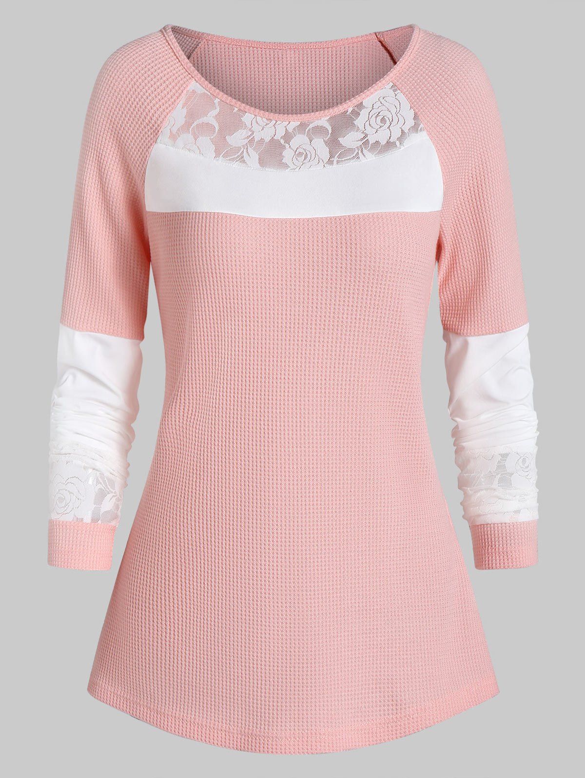 

Raglan Sleeve Lace Insert Contrast T Shirt, Rose
