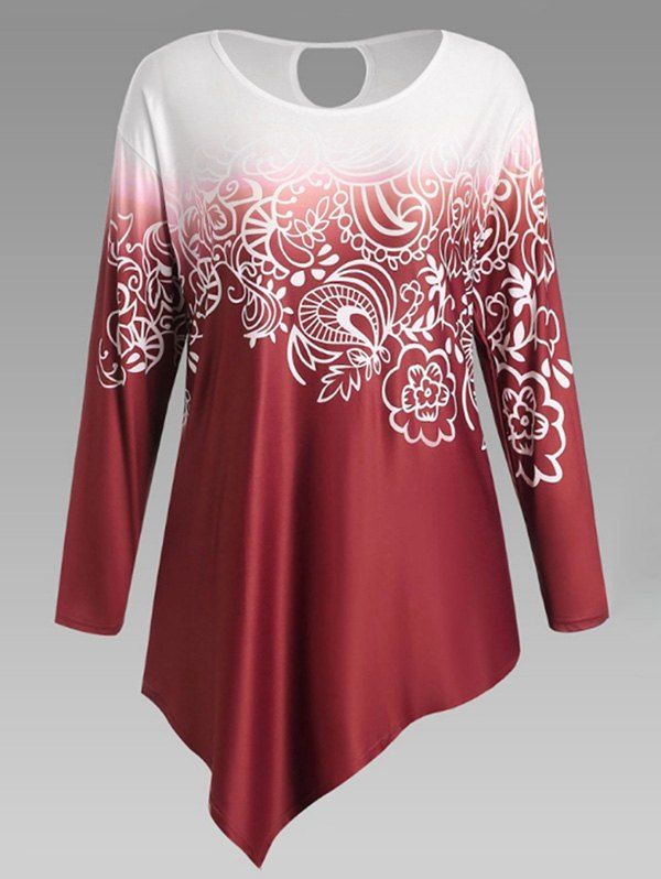 

Ombre Printed Asymmetric Long Sleeves Tee, Cherry red