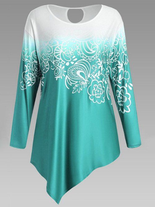 

Ombre Printed Asymmetric Long Sleeves Tee, Celeste
