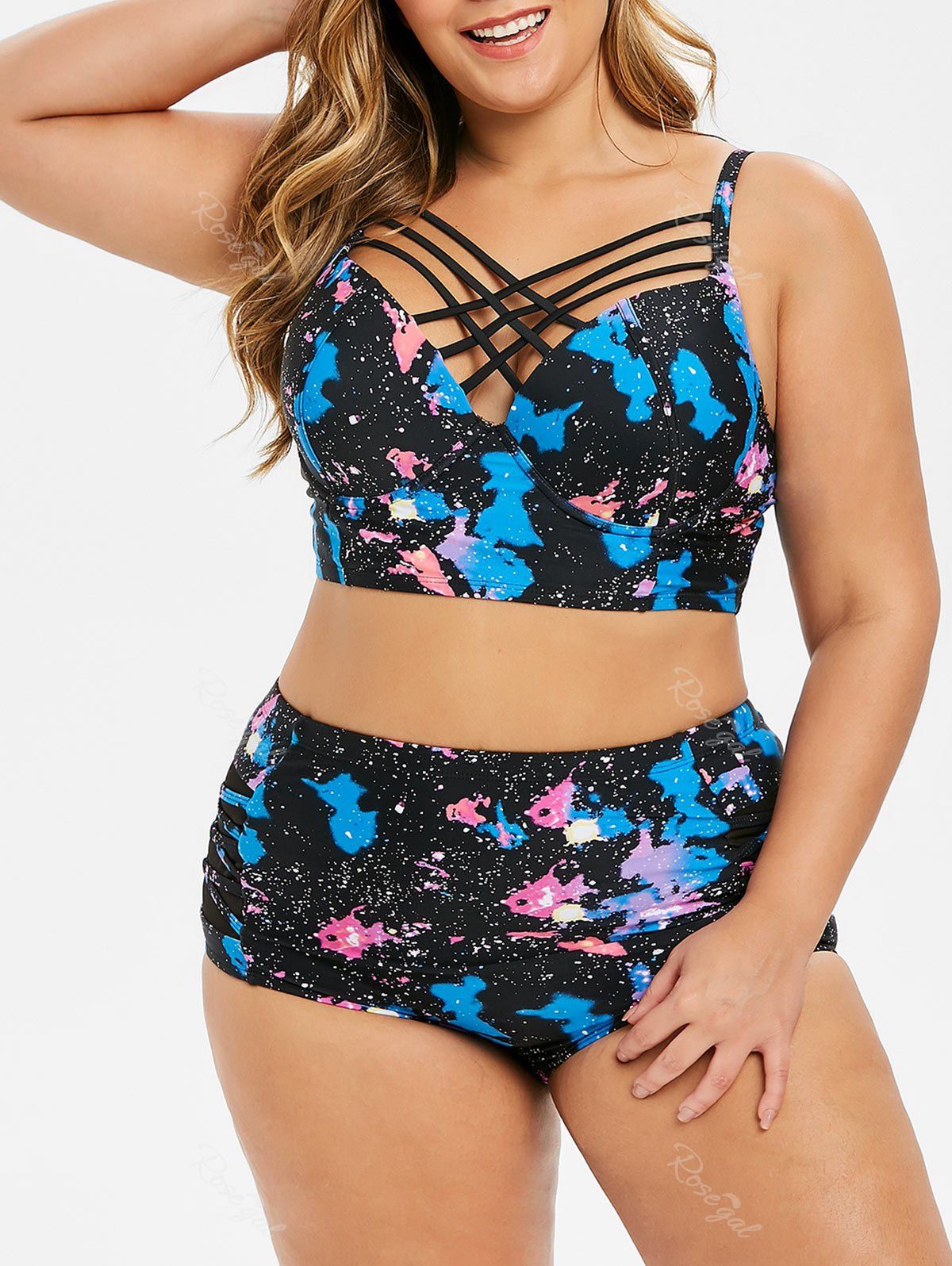 

Plus Size Push Up Lattice Printed Mesh Panel Bikini Swimsuit, Blue ivy