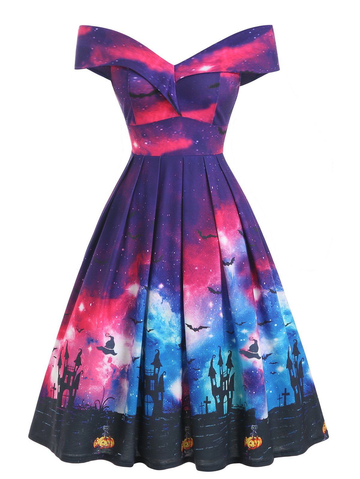 

Off Shoulder Pumpkin Bat Multicolor Halloween Dress, Multi