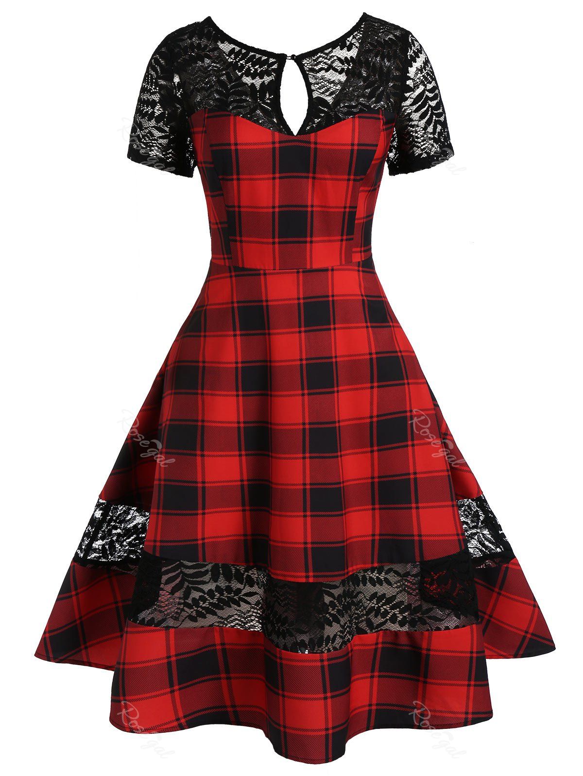 

Plus Size Keyhole Lace Panel Plaid Fit and Flare Dress, Lava red
