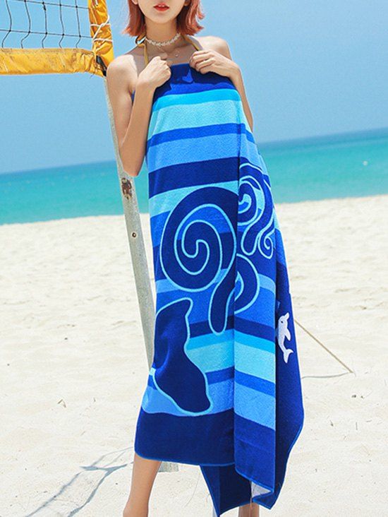 

Dolphin and Stripe Print Microfiber Beach Towel, Navy blue