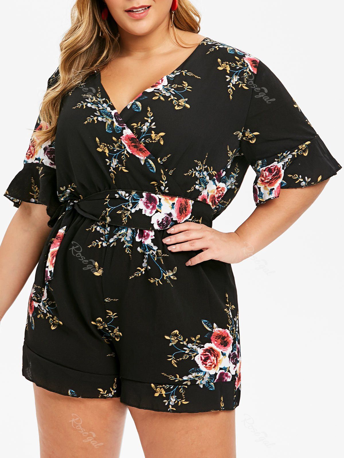 

Plus Size Plunging Bell Sleeve Floral Belted Romper, Black