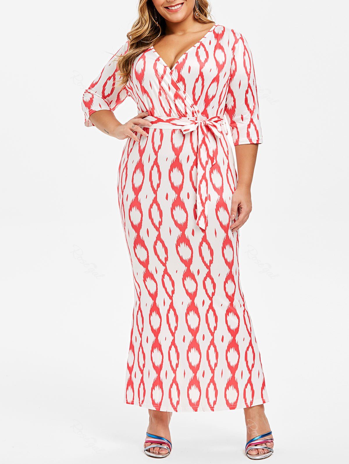 Plus Size Low Cut Printed Maxi Bodycon Dress, Lava red