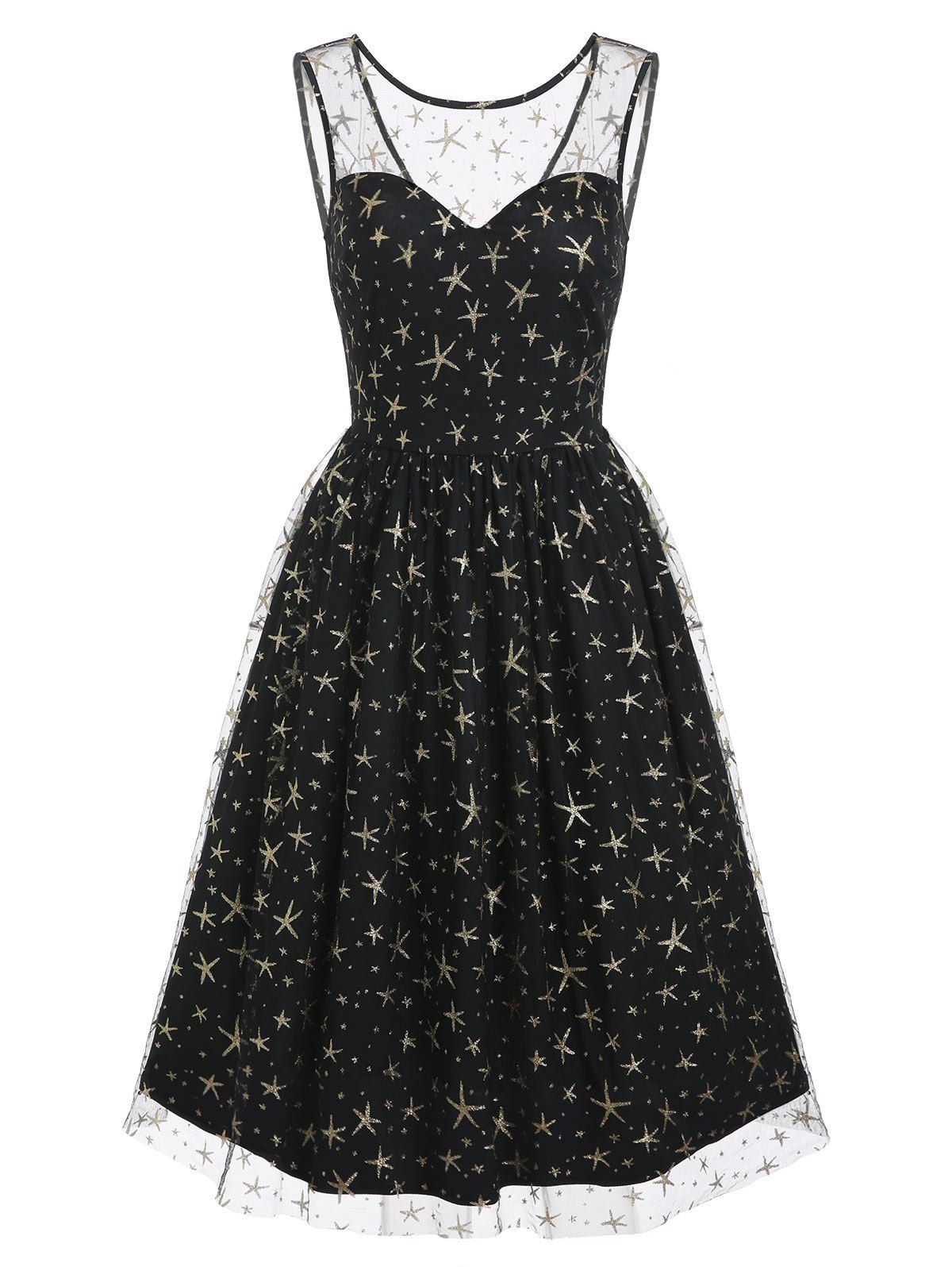 Sequins Star Mesh Overlay Party Dress, Black