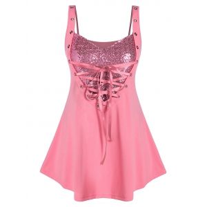 

Plus Size Sequined Lace Up Rings Tank Top, Pig pink