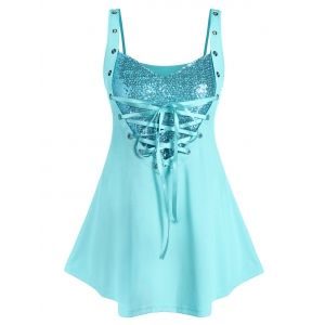 

Plus Size Sequined Lace Up Rings Tank Top, Tron blue