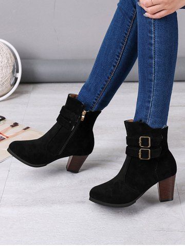 

Buckle Decoration Chunky Heel Boots, Black