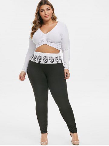 

Plus Size Skull Print Two Tone Skinny Leggings, Black
