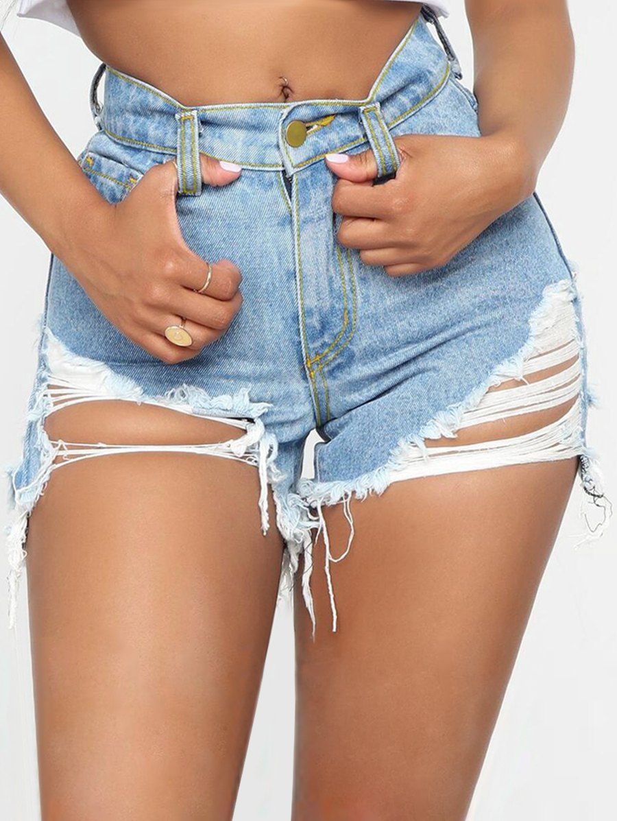 

Ripped Frayed Zipper Denim Shorts, Jeans blue