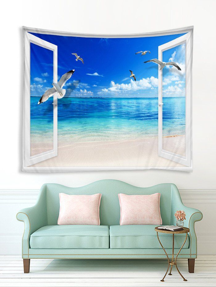 

Window Beach Sea Gull Print Tapestry Wall Hanging Art Decoration, Ocean blue