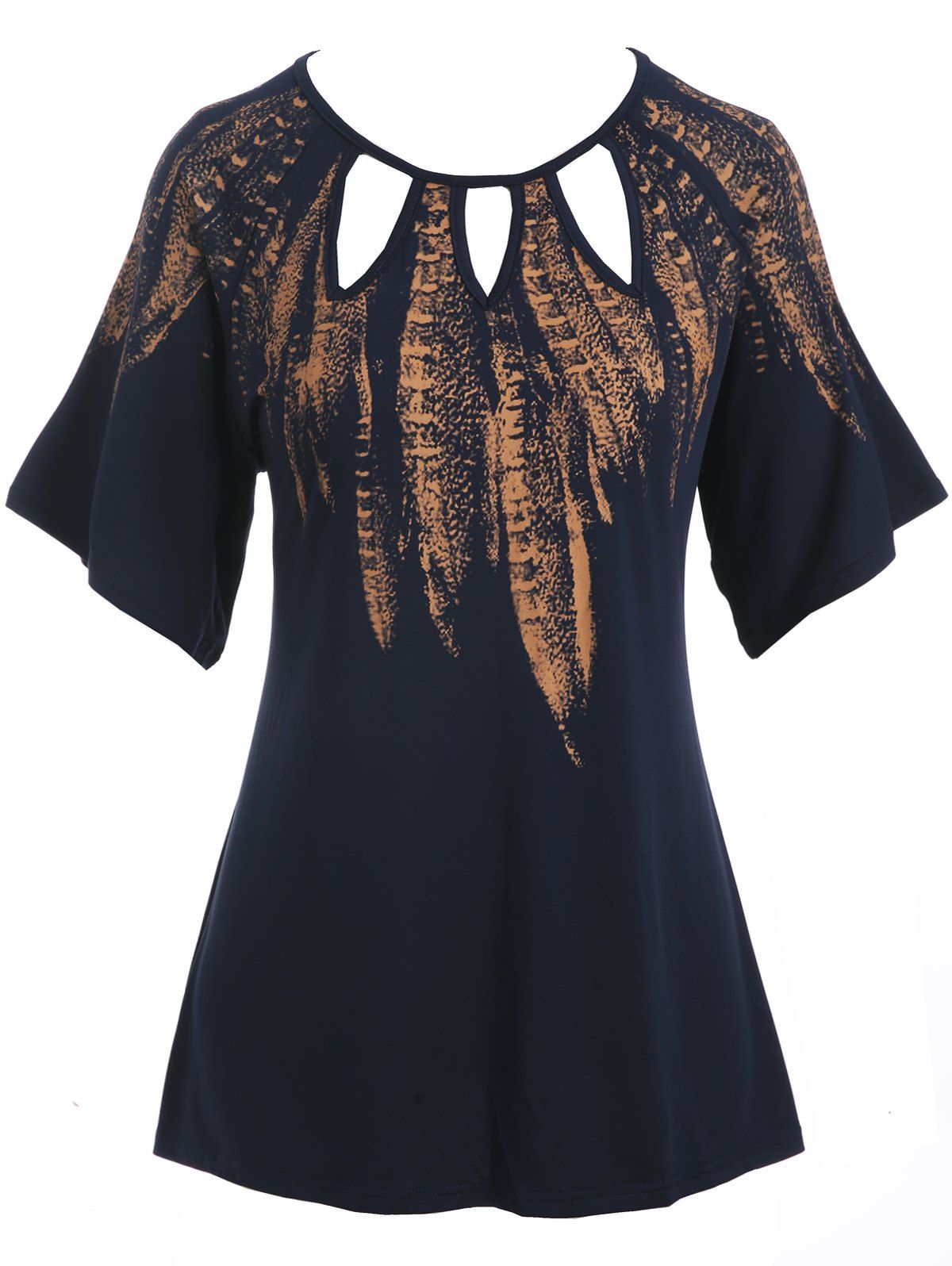 

Plus Size Feather Print Cut Out T-shirt, Dark slate blue