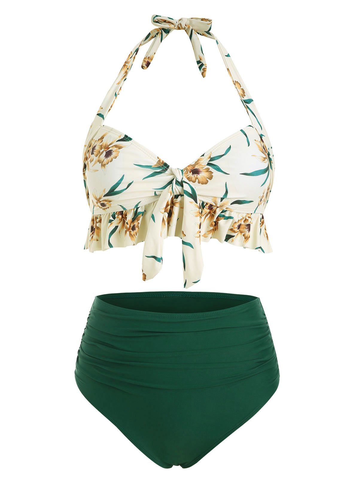 

Ruffle Floral Ruched Knot Bikini Swimsuit, Sea turtle green