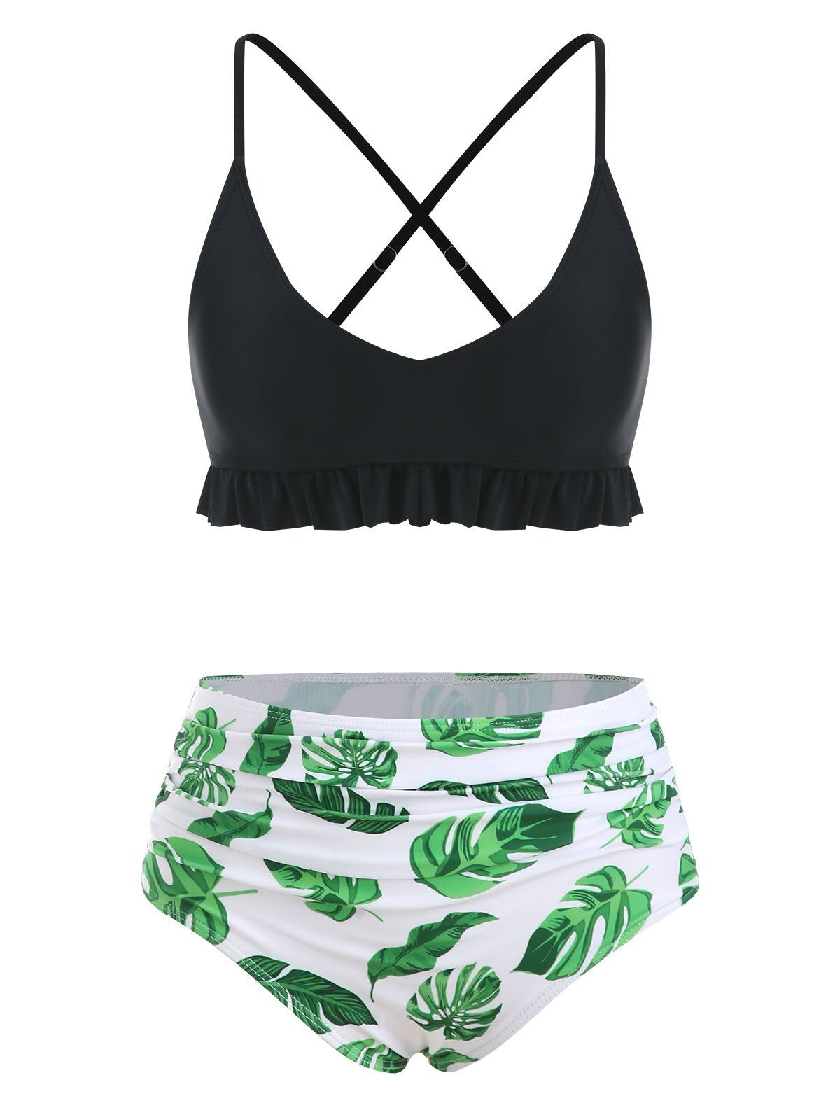 

Ruffle Crisscross Palm Leaf Ruched Bikini Swimsuit, Black