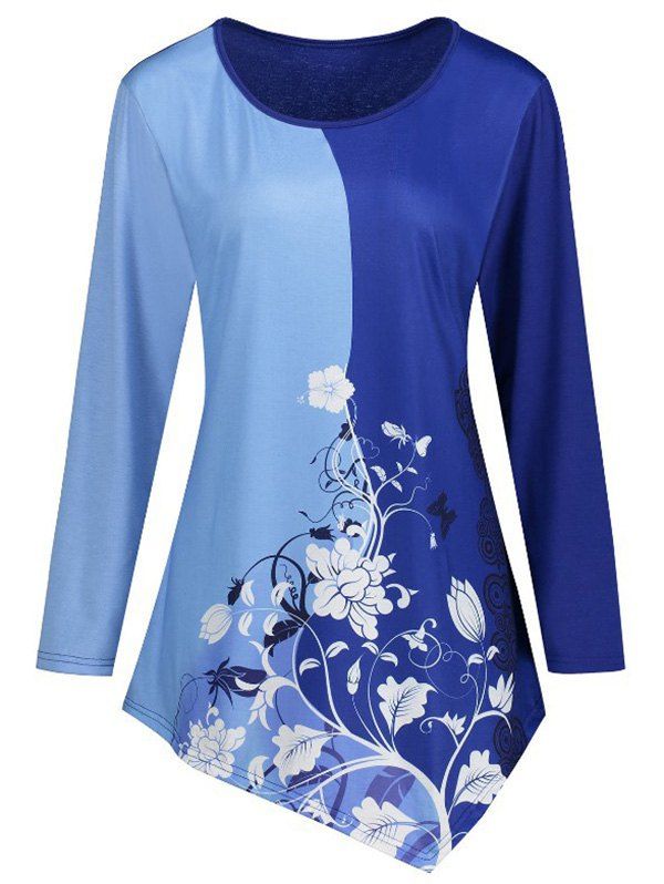 

Floral Print Asymmetric Long Sleeves Tee, Light sky blue