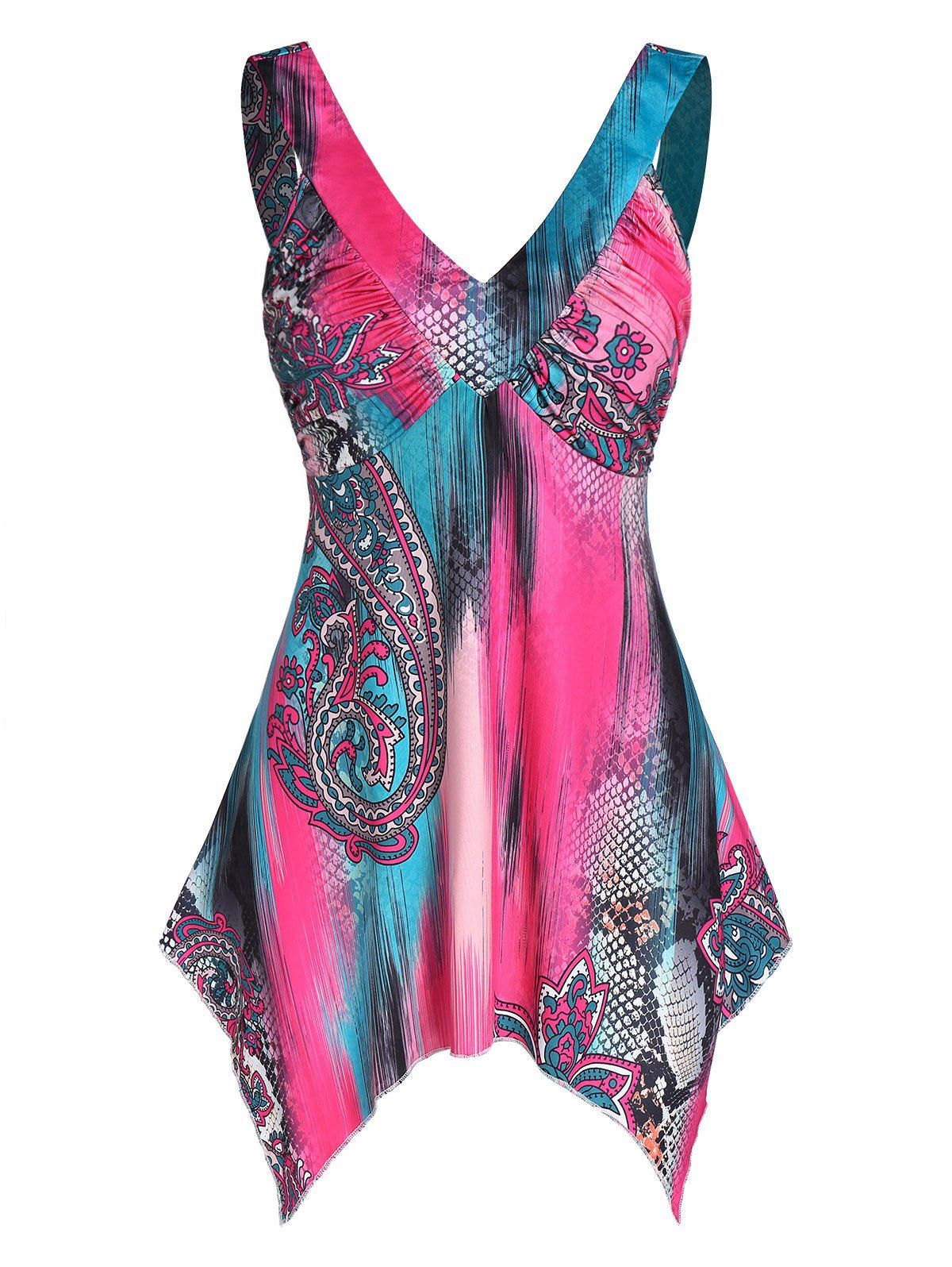 

Asymmetric Printed Plunging Neck Tank Top, Dark turquoise