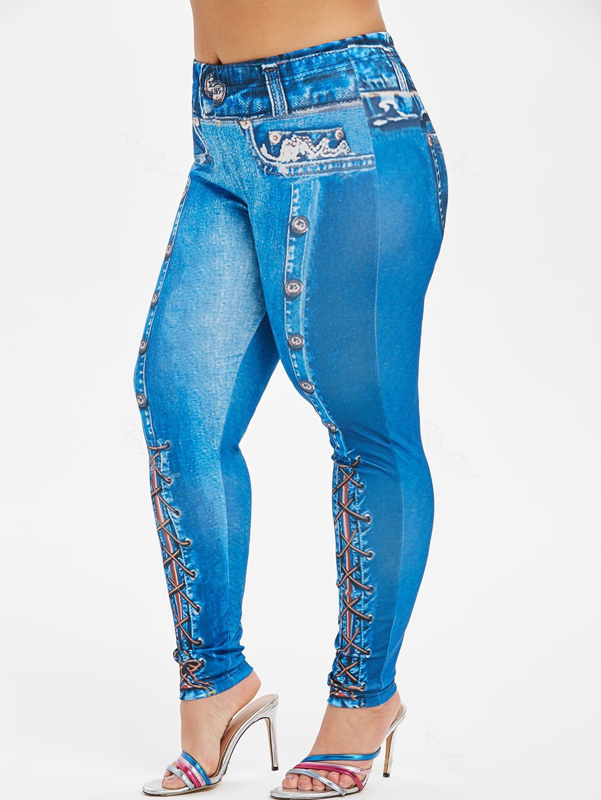 Plus Size Lace Up 3D Print Skinny Jeggings, Denim dark blue