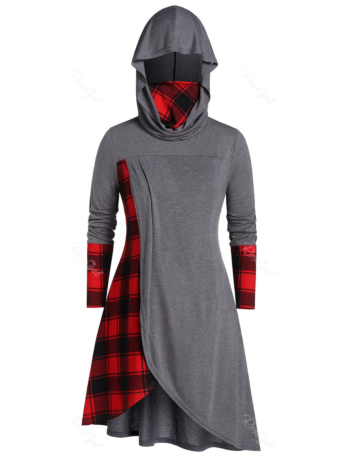 Plus Size Hooded Plaid Long Tunic Tee, Gray