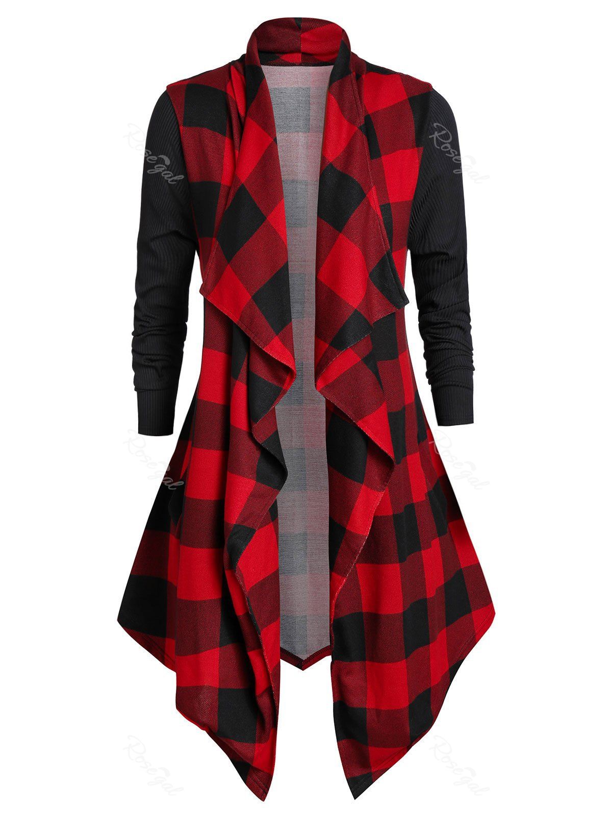 

Plus Size Open Front Plaid Draped Cardigan, Red