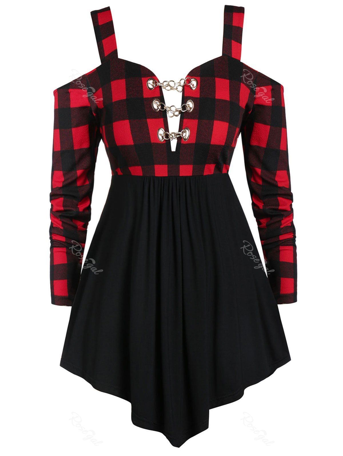 

Plus Size Open Shoulder Checked Panel Sweetheart Neck T Shirt, Black