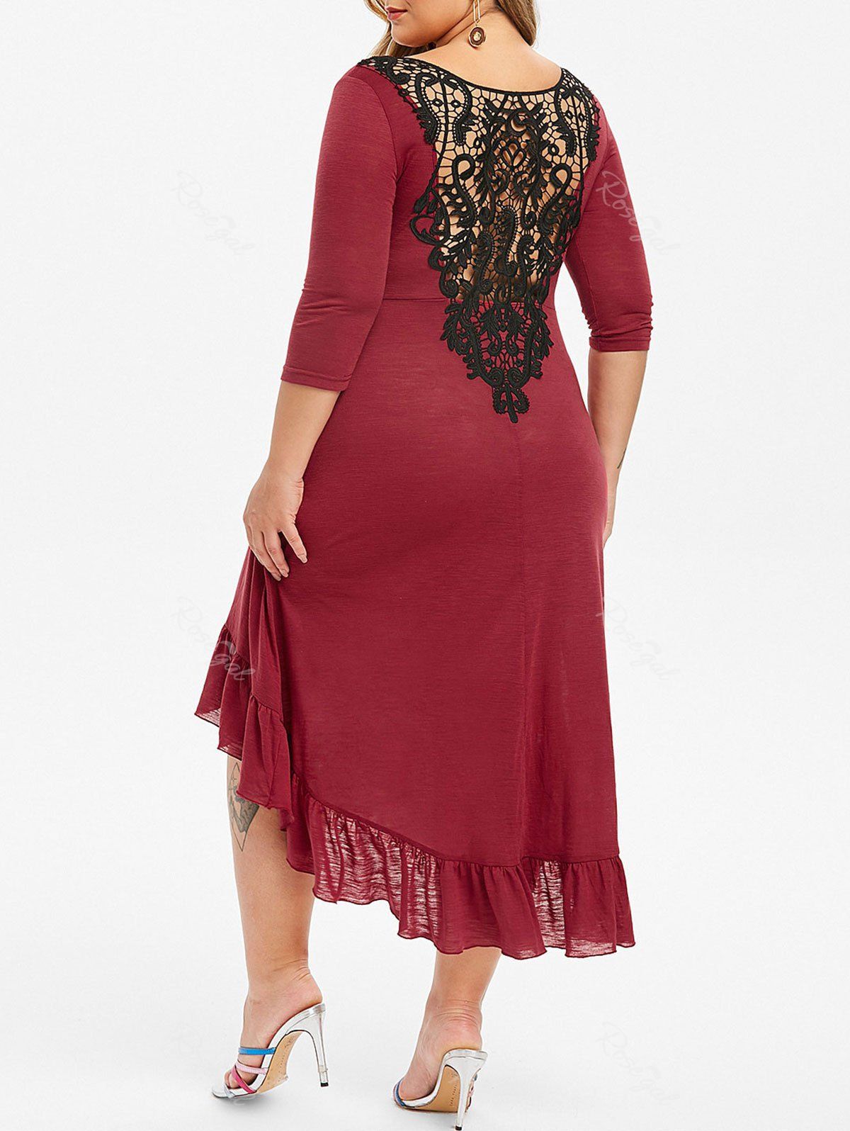 

Plus Size Lace Insert Flounce High Low Midi Dress, Red wine