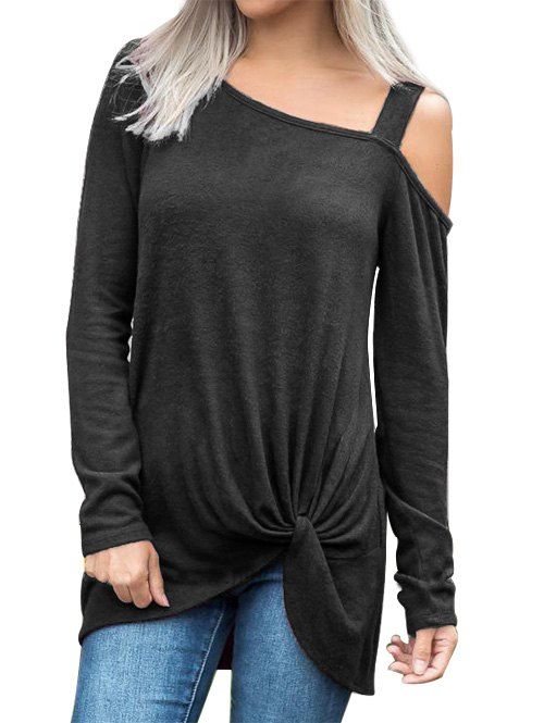 

Twisted Skew Neck Solid Longline Tee, Black