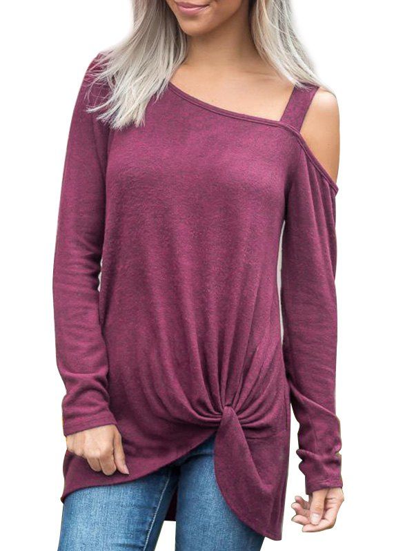 

Twisted Skew Neck Solid Longline Tee, Plum