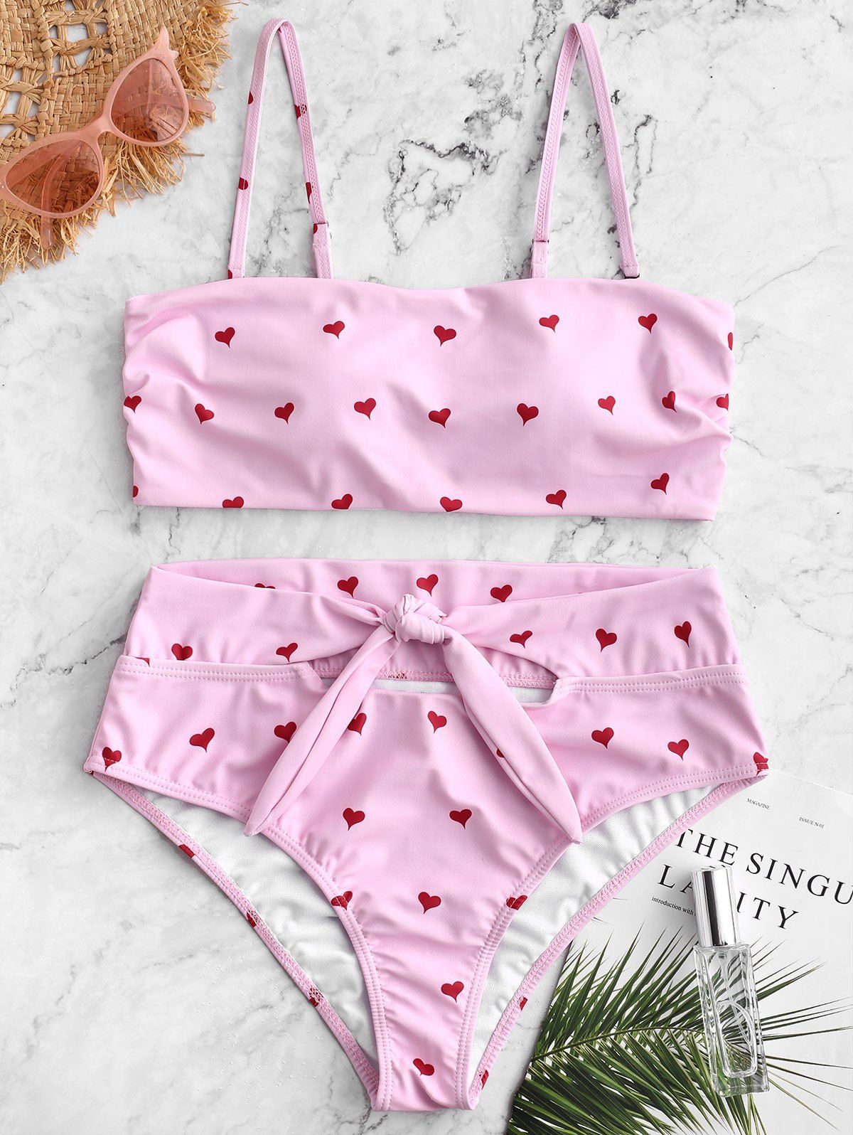 

Heart Print Side Boning High Waisted Bikini Swimsuit, Pink