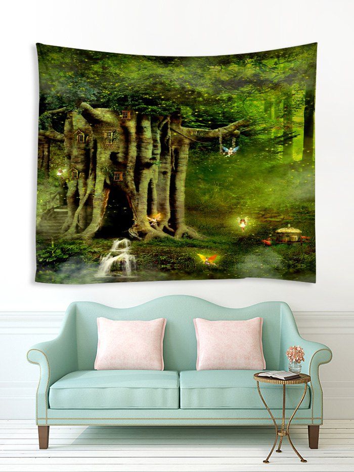 

Forest Elf Tree House Print Tapestry Wall Hanging Art Decoration, Medium forest green