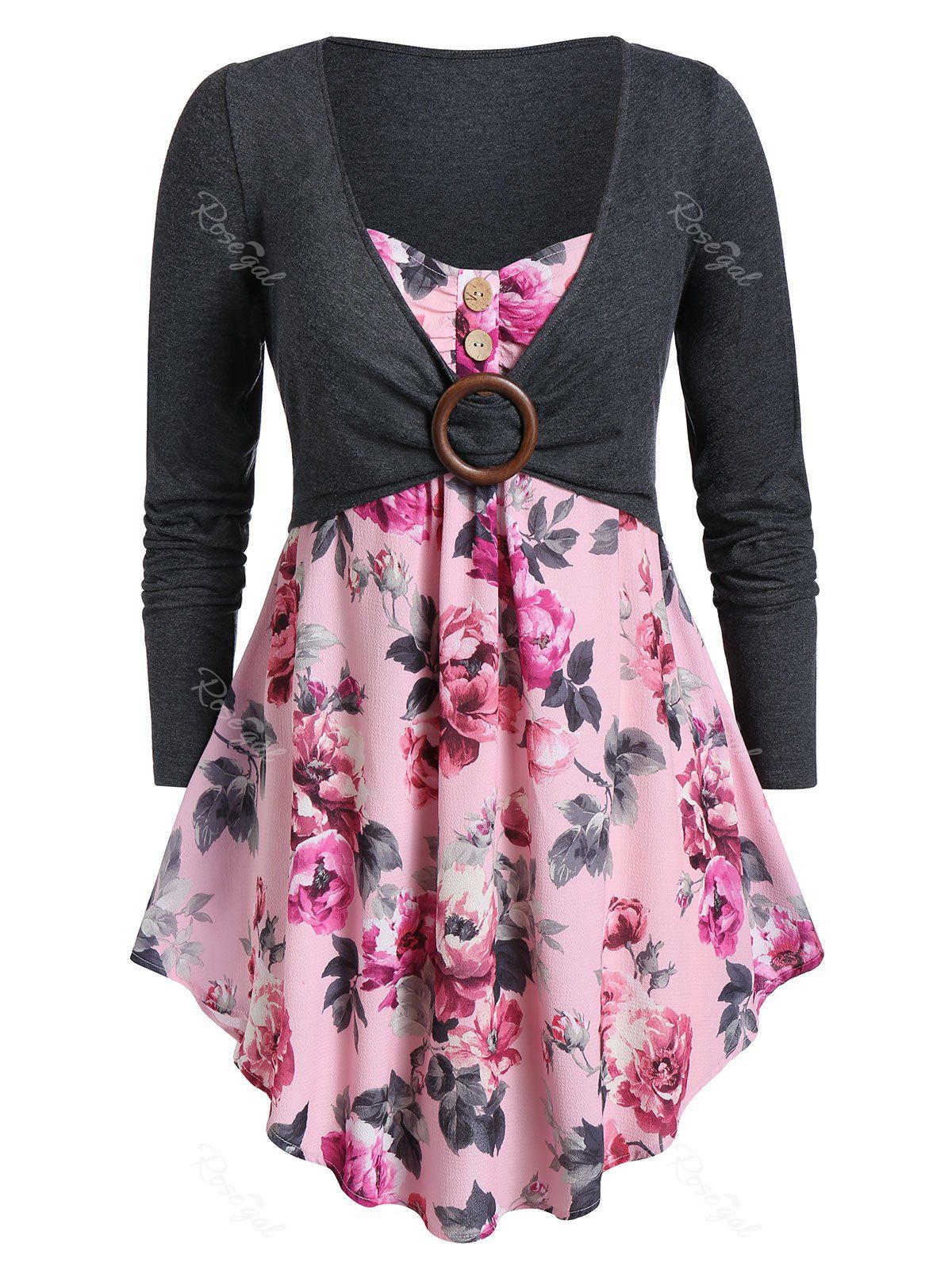 

Plus Size Sweetheart Collar Floral Print Tunic T Shirt, Flamingo pink