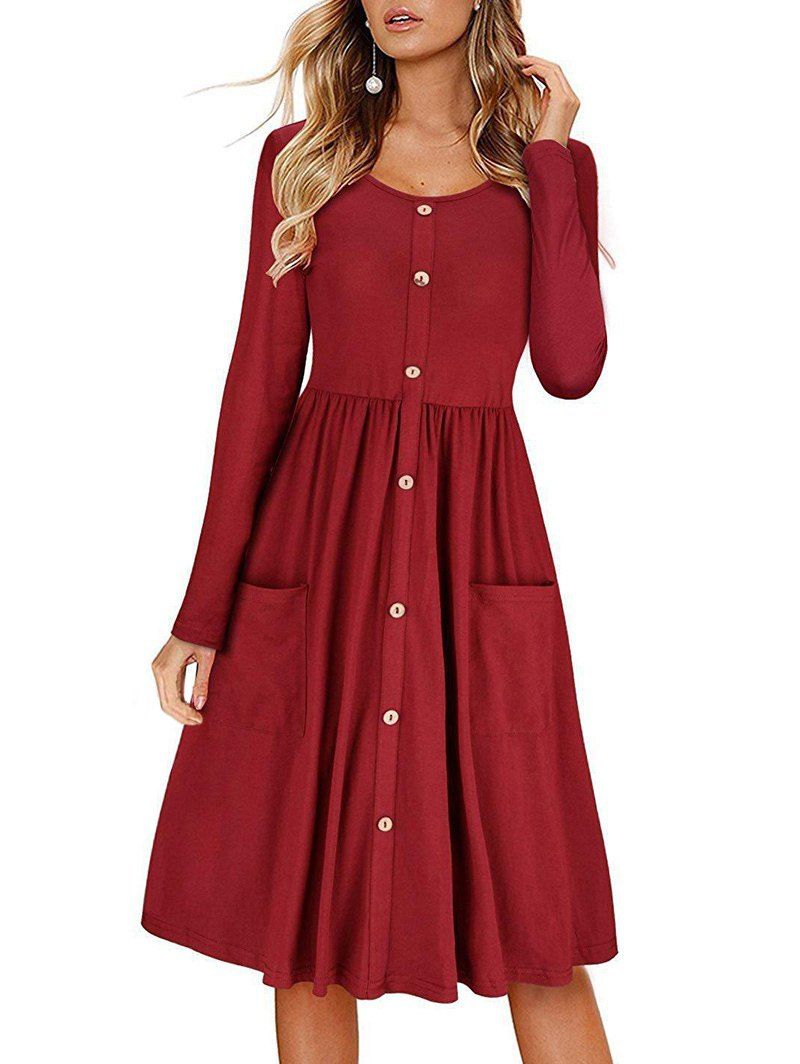 

Buttons Pockets Long Sleeves A Line Dress, Red wine