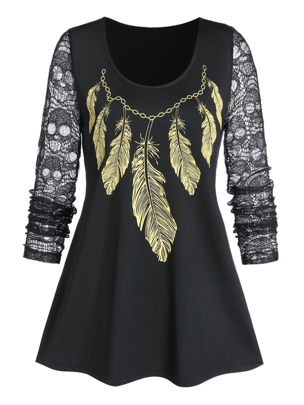 

Sheer Round Collar Feather Print T Shirt, Black