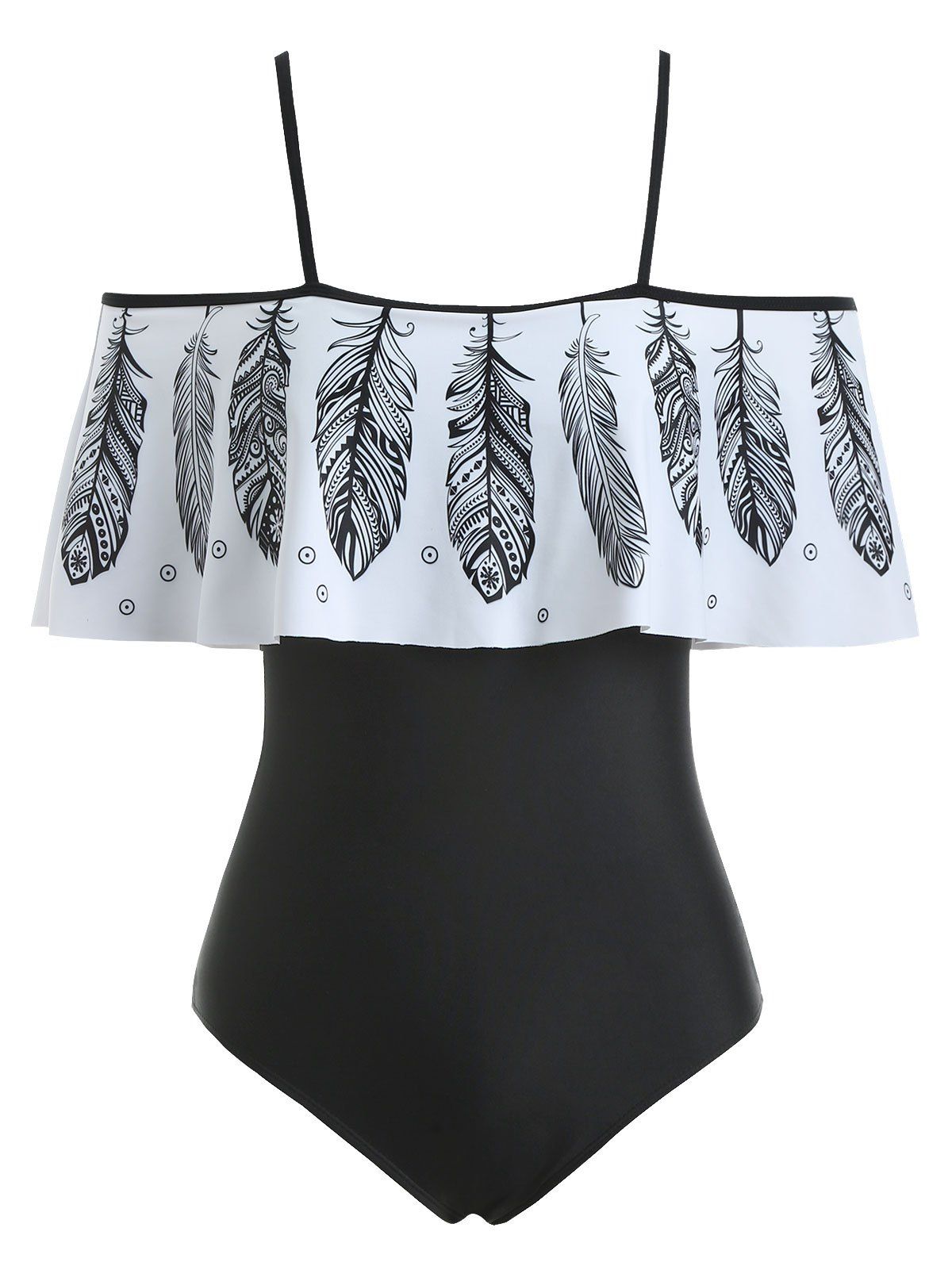 

Flounce Feather Print Padded One-piece Swimsuit, Black