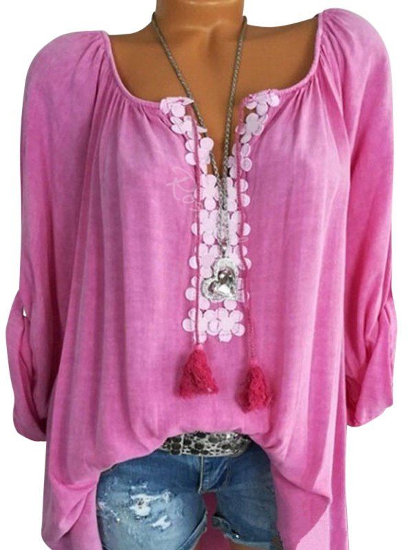 

Plus Size Roll Up Sleeve Lace Crochet Peasant Blouse, Rose red