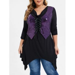 

Plus Size Sequined Lace Up Handkerchief Cowl Neck Tee, Black
