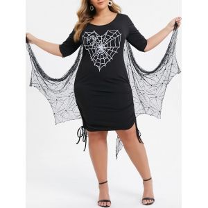 

Plus Size Spider Web Cinched Gothic Dress With Bat Wing, White