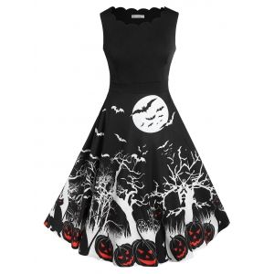 

Plus Size Retro Pumpkin Bat Print Halloween Dress, Black