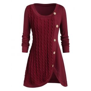 

Plus Size Split Buttoned Cable Knit Sweater, Red wine