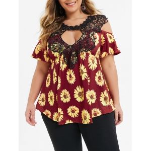 

Plus Size Open Shoulder Sunflower Print Keyhole T-shirt, Red wine