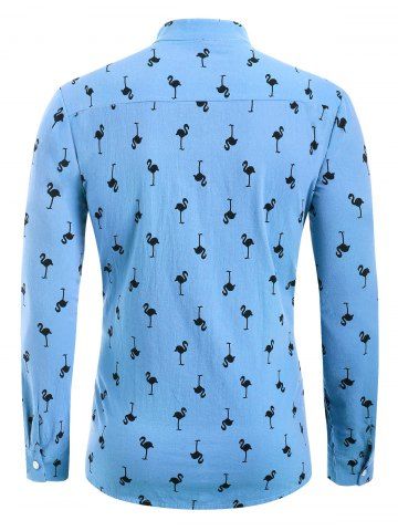 

Tiny Flamingo Print Long Sleeve Button Vacation Shirt, Sea blue