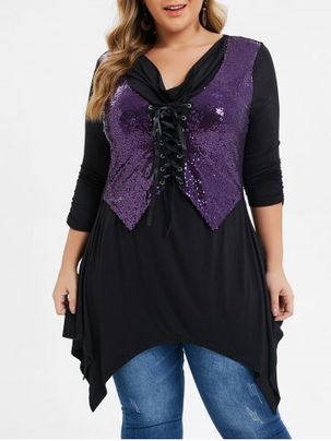 Plus Size Sequined Lace Up Handkerchief Cowl Neck Tee