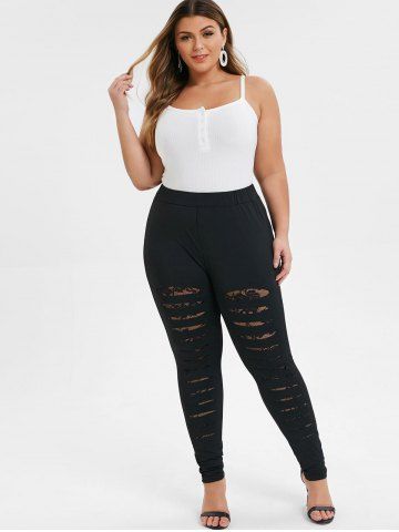 

Plus Size Lace Panel Skinny Ripped Leggings, Black