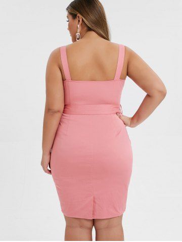 

Plus Size Square Neck Zip Up Belted Mini Fitted Dress, Pink rose