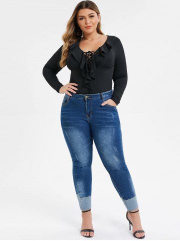 

Plus Size Ruffle Lace Up Long Sleeve Bodysuit, Black