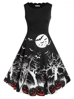 Plus Size Retro Pumpkin Bat Print Halloween Dress - BLACK - L