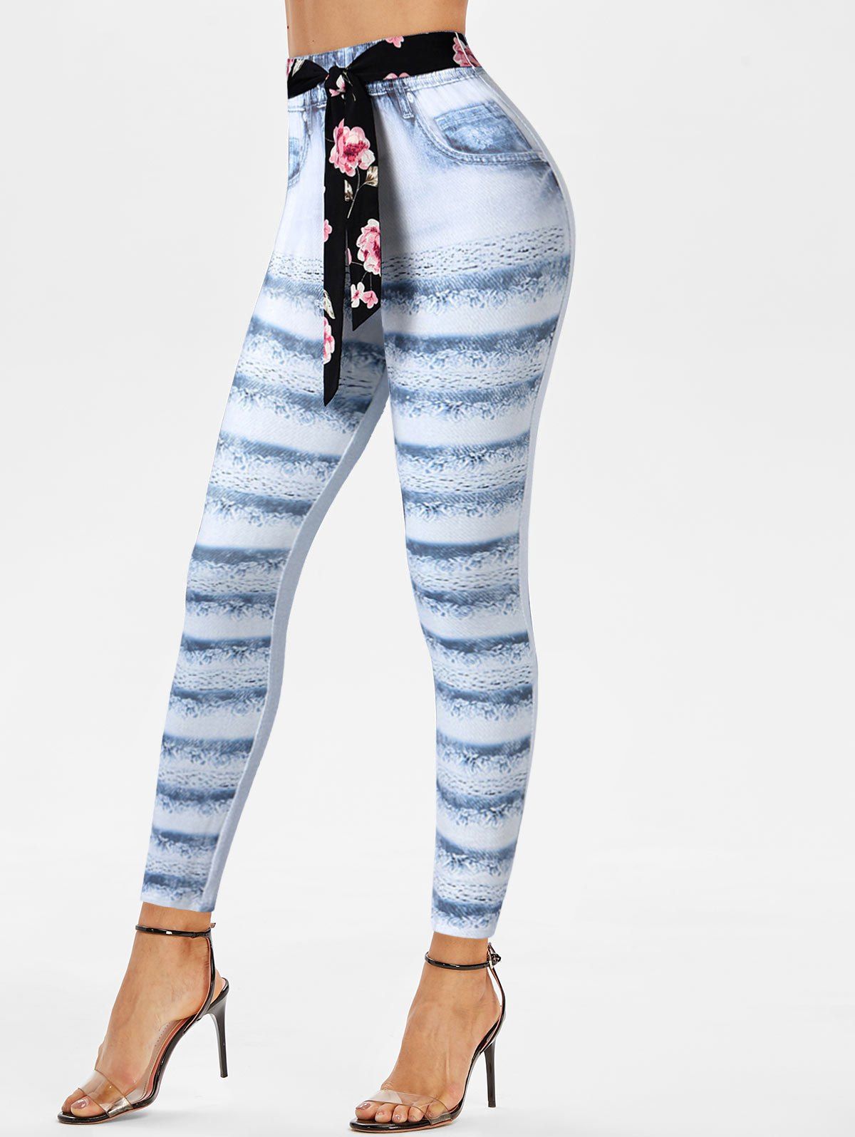 

Skinny Faux Denim High Waist Pants with Belt, Light blue