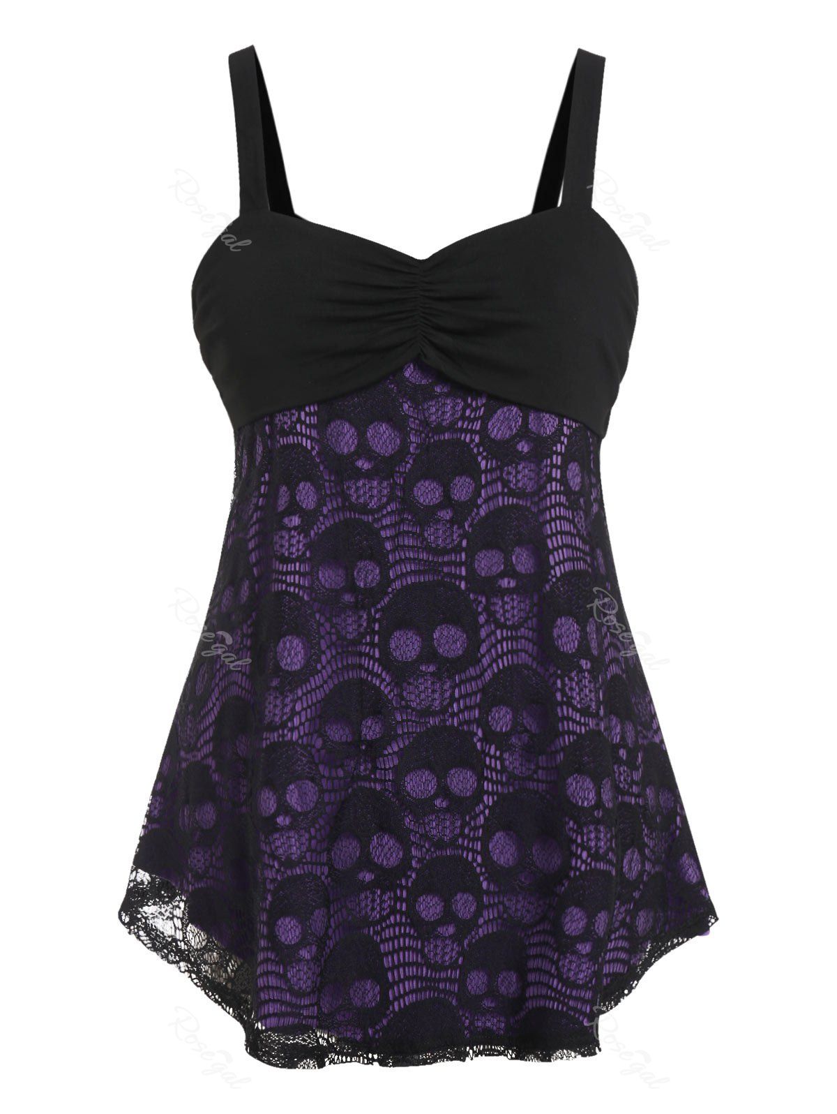 

Plus Size Open Shoulder Lace Panel Skull Print T Shirt, Black